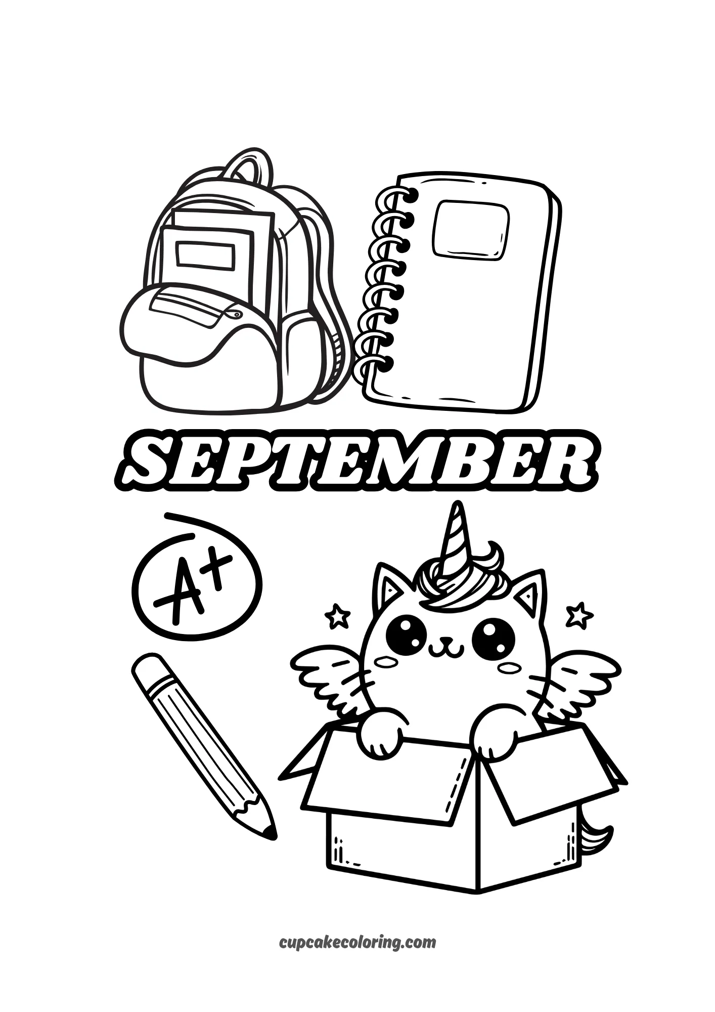 september adorable unicorn cat in a box coloring for children of age 5 with school acessories