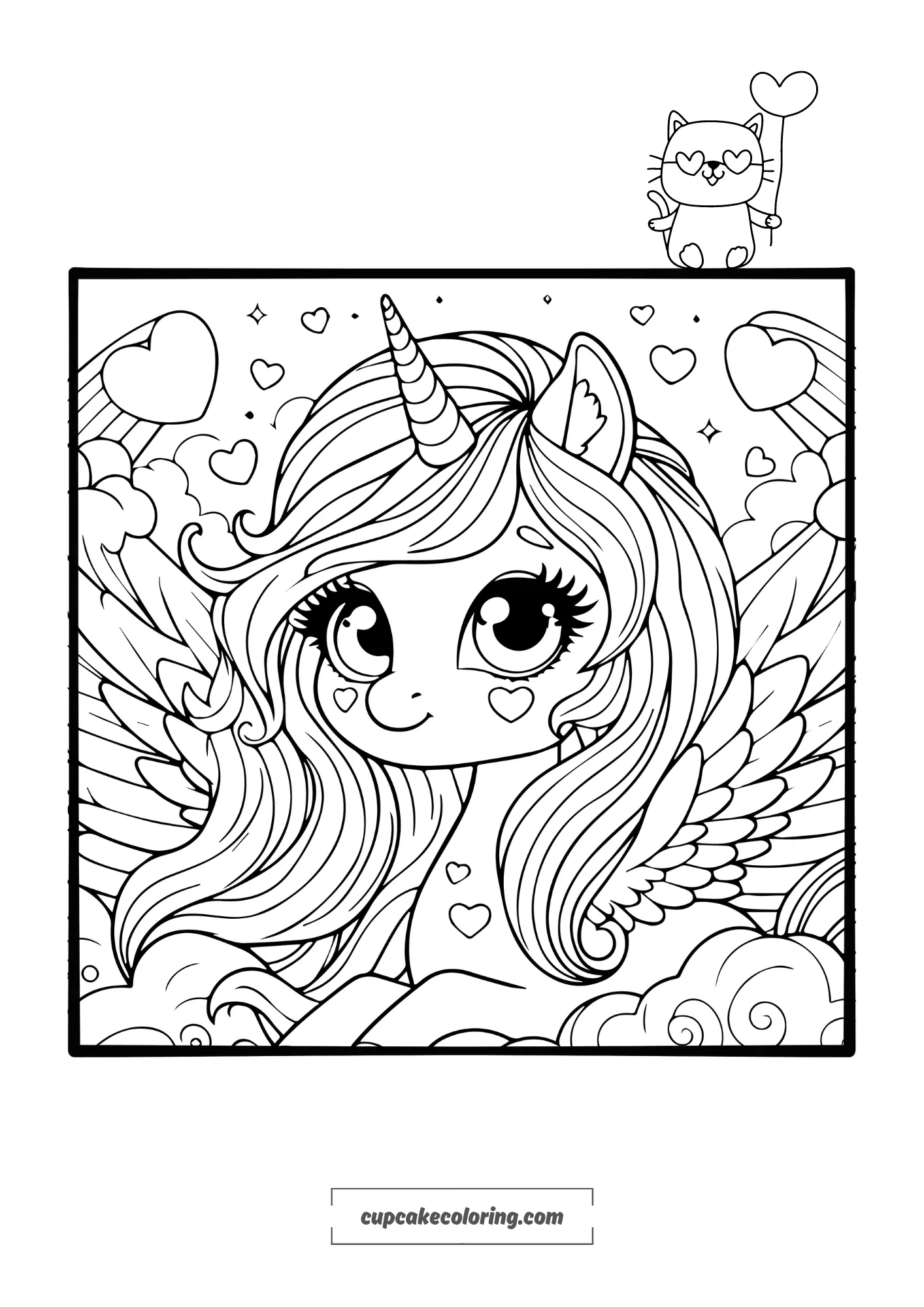 adorable unicorn pegasus image to color with hearts and wings for girls printable 2