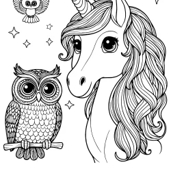 an adult realistic unicorn with an 2 owls coloring images to print free for adults