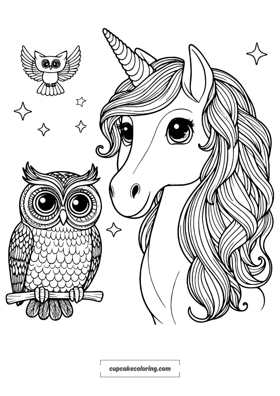 an adult realistic unicorn with an 2 owls coloring images to print free for adults