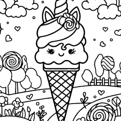 beautiful unicorn ice cream colouring page for kids