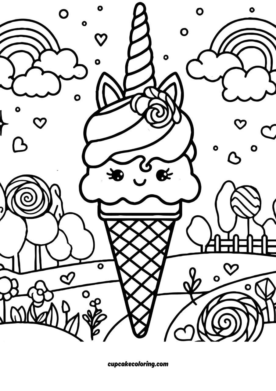 beautiful unicorn ice cream colouring page for kids