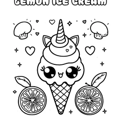 beautiful unicorn ice cream colouring page for kids with lemons free to print