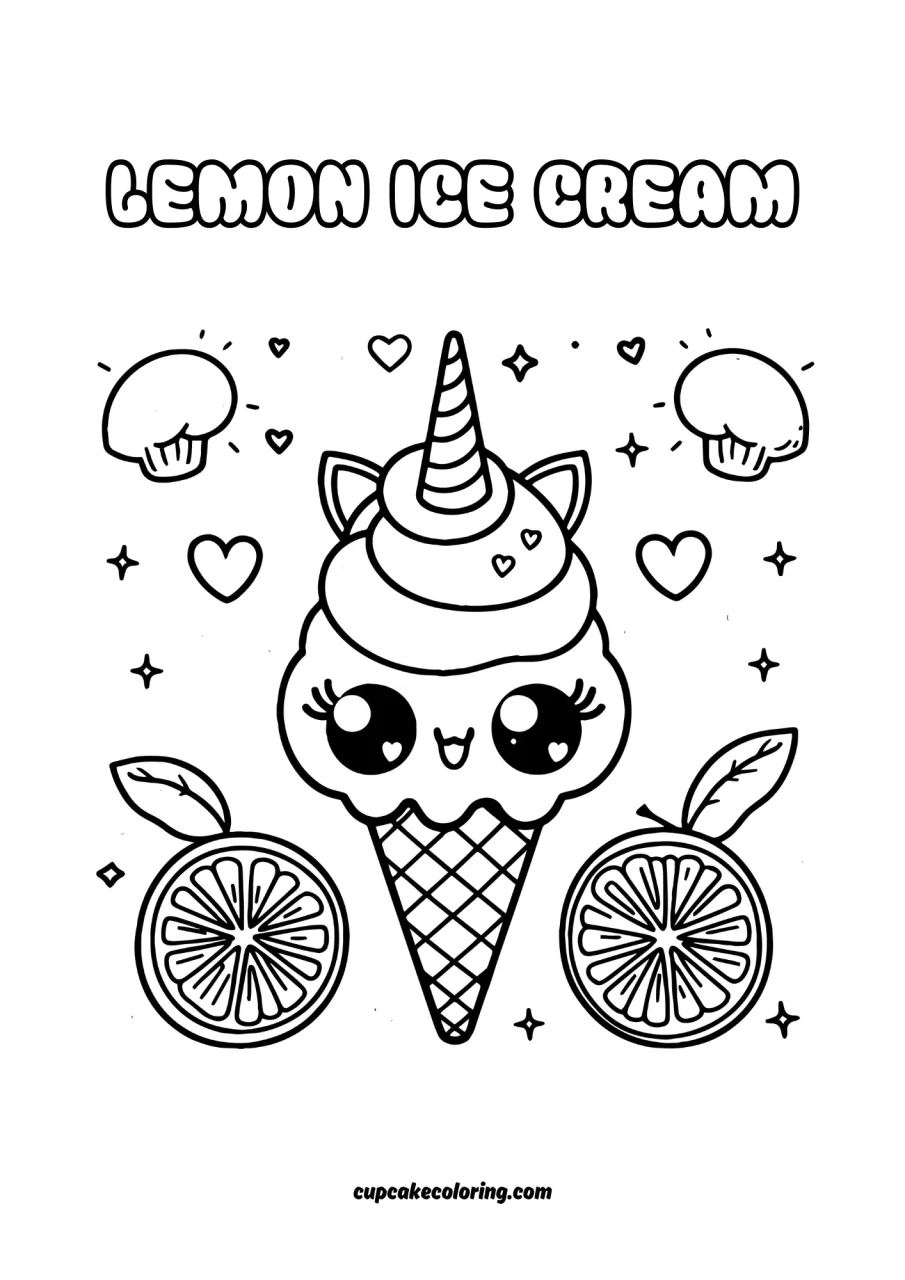 beautiful unicorn ice cream colouring page for kids with lemons free to print