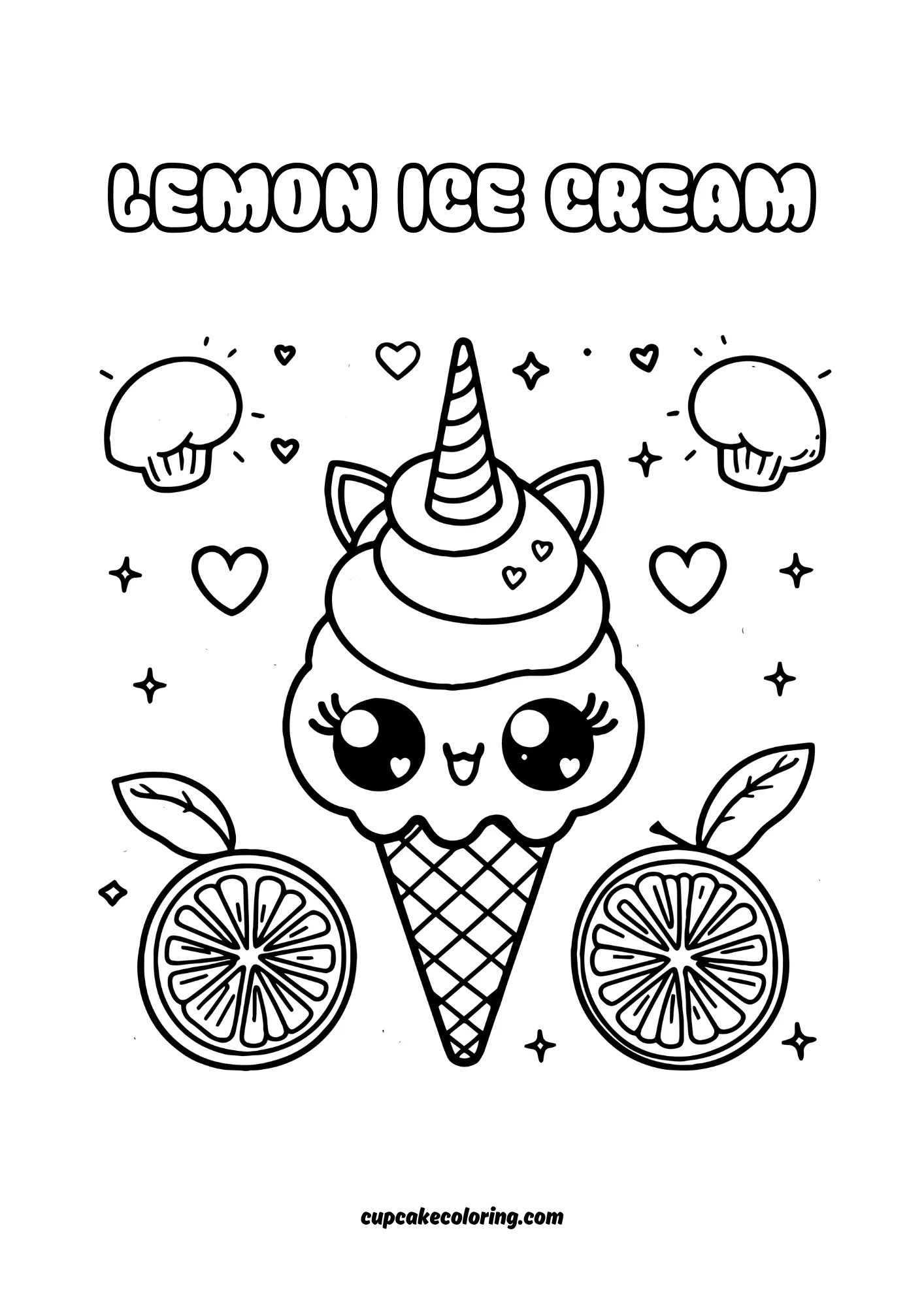 beautiful unicorn ice cream colouring page for kids with lemons free to print