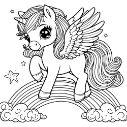 best image to color unicorn with wings on a rainbow, standing very cute printable