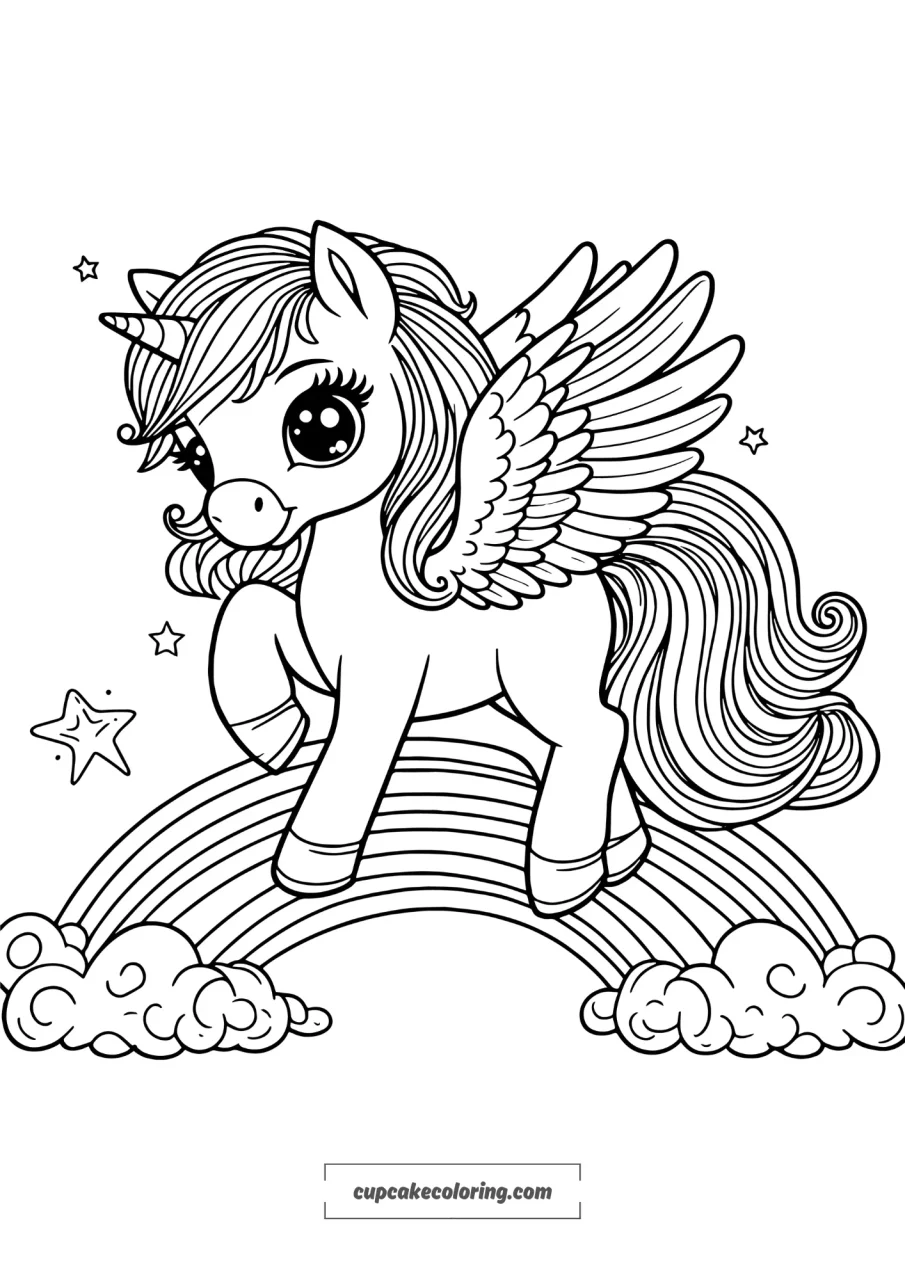 best image to color unicorn with wings on a rainbow, standing very cute printable