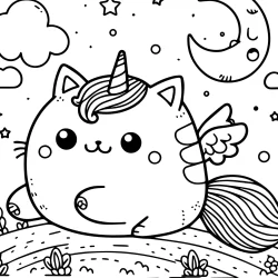 chubby unicorn cat page to color in for kids 6