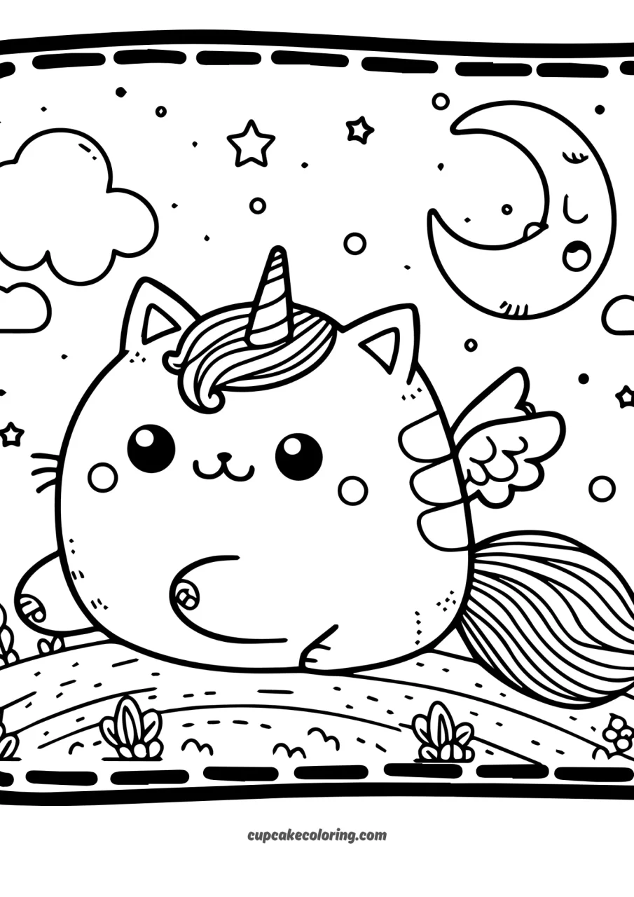 chubby unicorn cat page to color in for kids 6