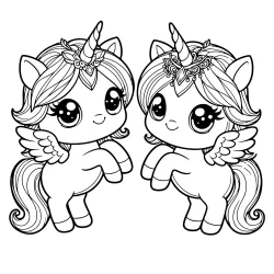 coloring page of 2 unicorns with wings dancing, wearing a naclece with a big jewel on the horn