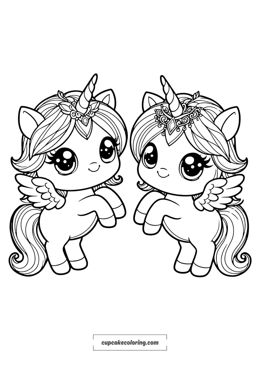 coloring page of 2 unicorns with wings dancing, wearing a naclece with a big jewel on the horn