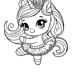 coloring page of a unicorn dancing and smiling, wearing a classical dancing tutu and a crown on the head