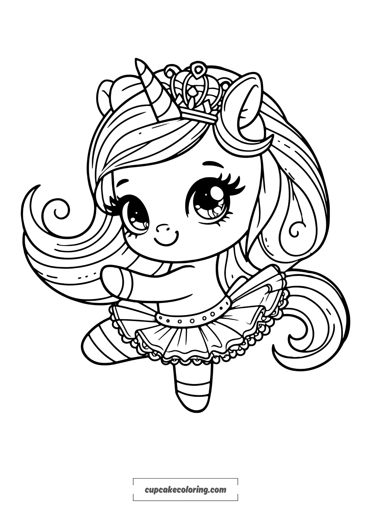 coloring page of a unicorn dancing and smiling, wearing a classical dancing tutu and a crown on the head