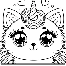 coloring page of beautifull cat face with an unicorn horn