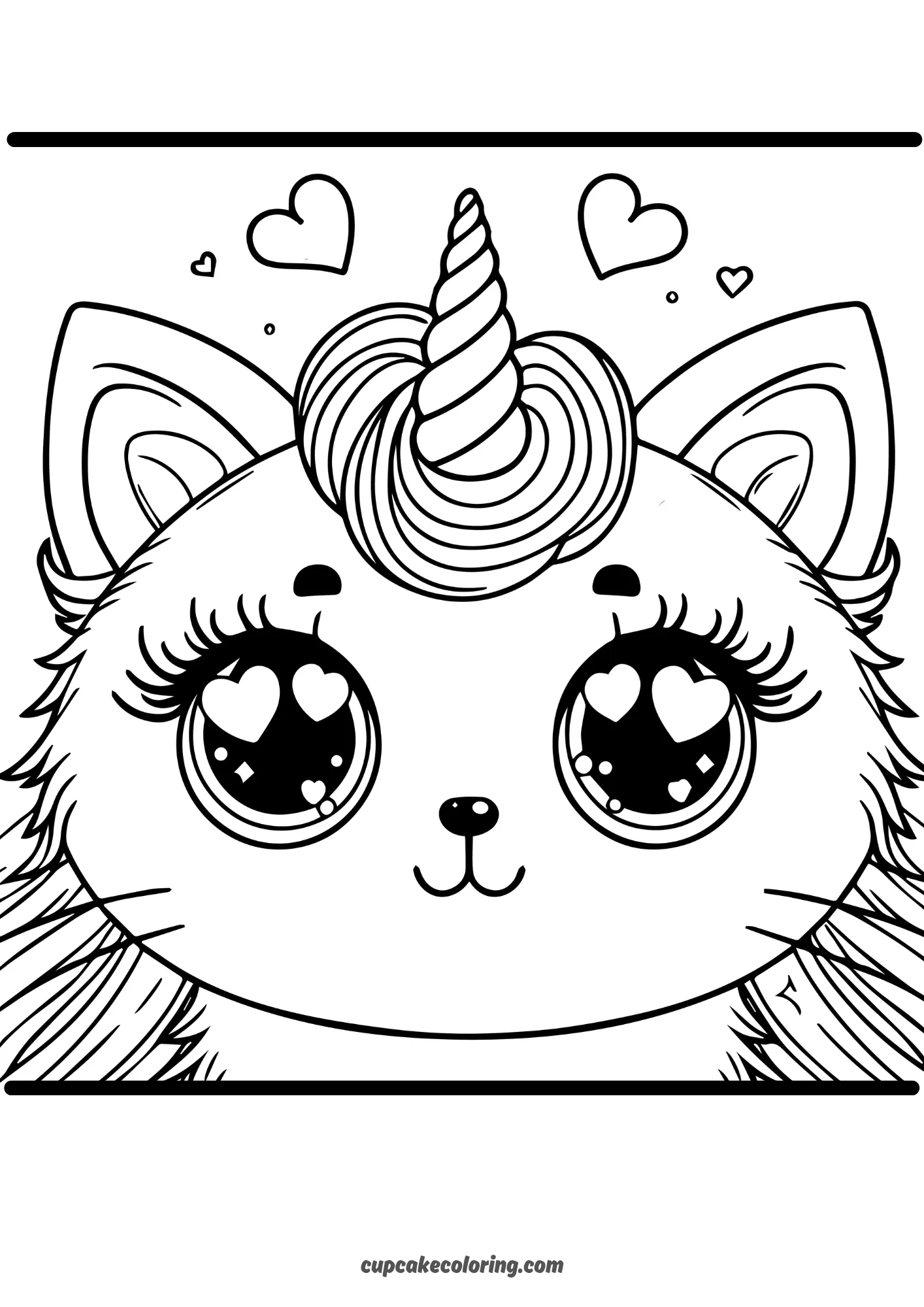 coloring page of beautifull cat face with an unicorn horn