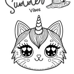 coloring page of beautifull cat head with an unicorn horn