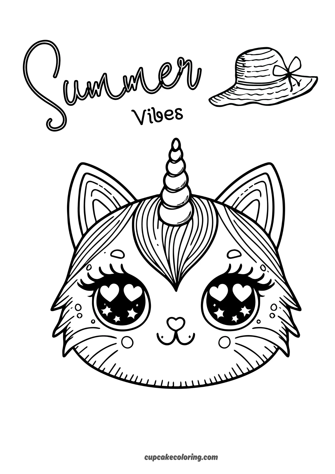 coloring page of beautifull cat head with an unicorn horn