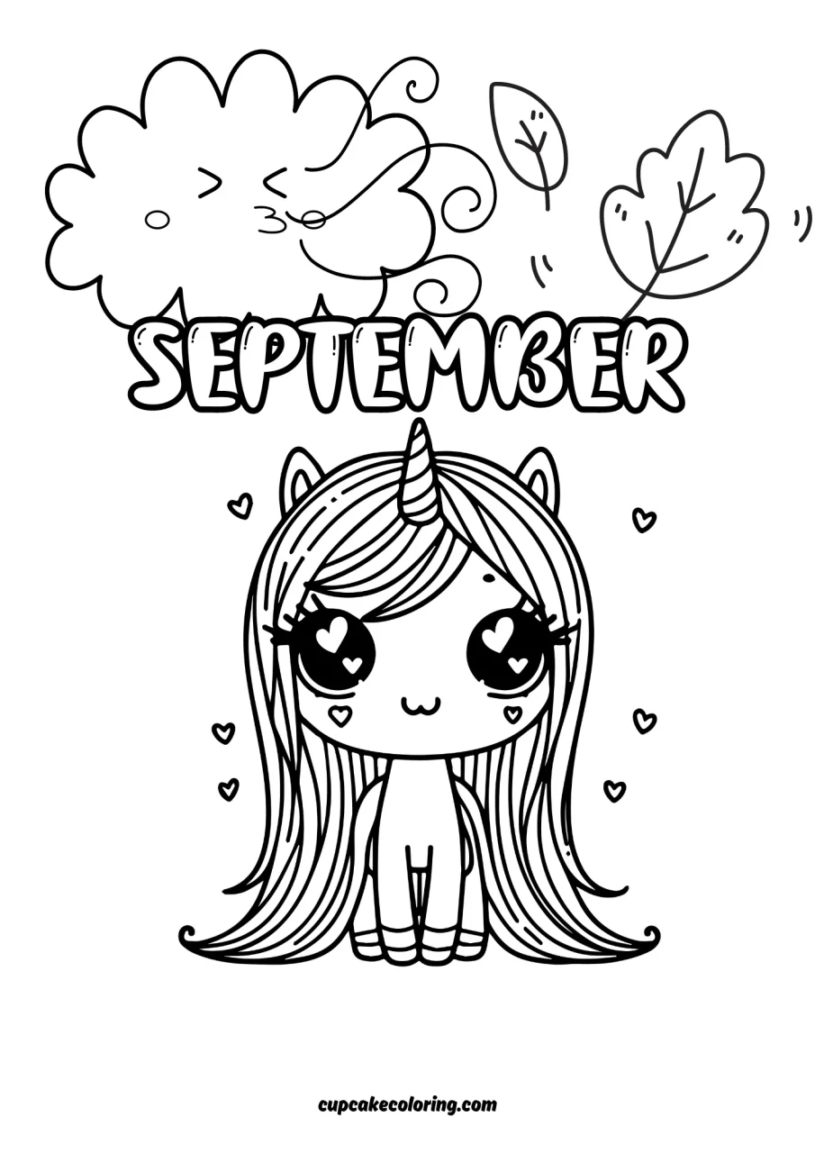 coloring sheets for september with unicorn, leafs and wind free printable