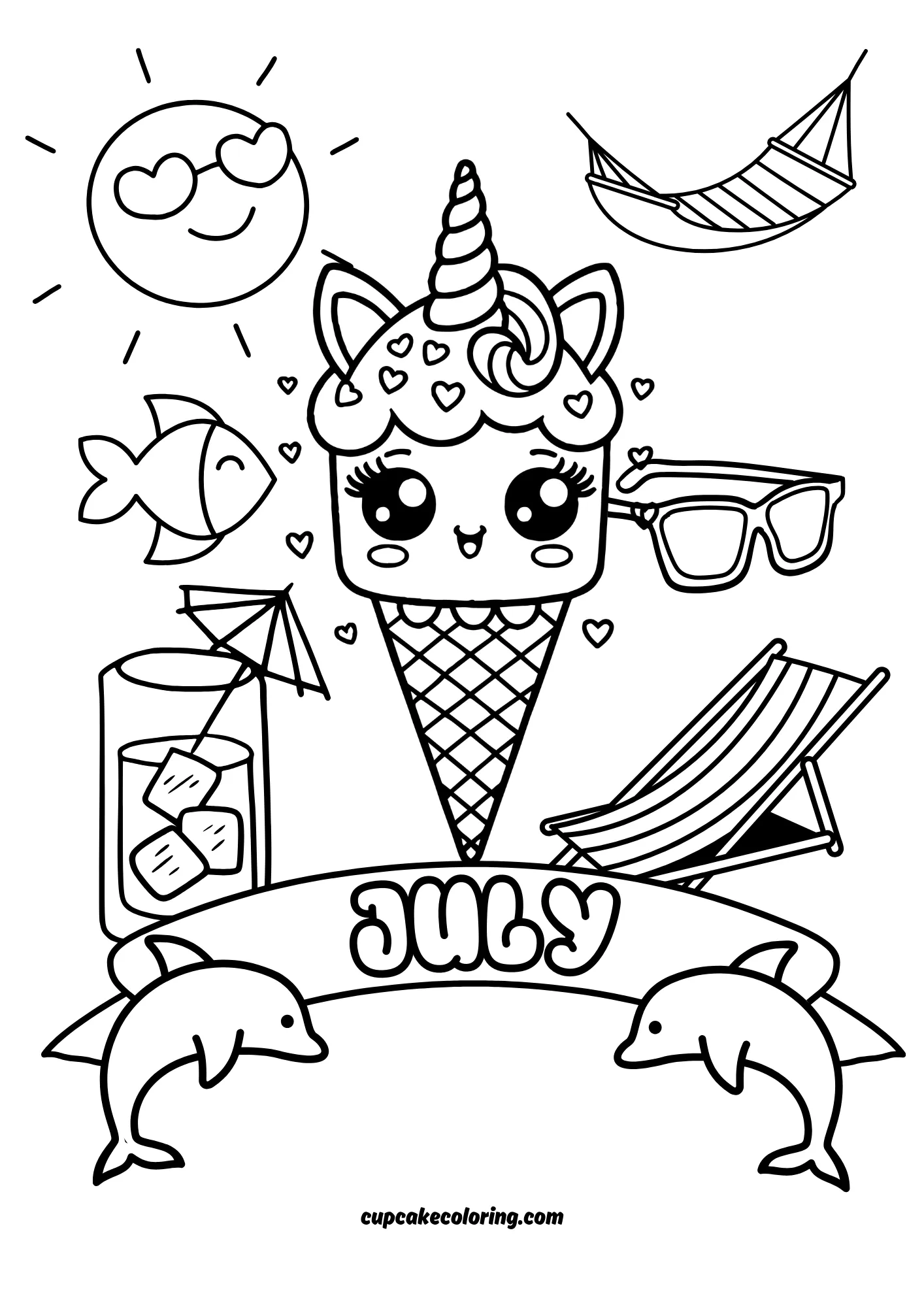 cute and easy unicorn ice cream july colouring page