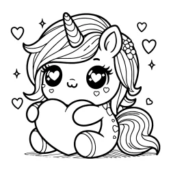 cute unicorn hugging a heart coloring page Kawaii Creature picture to color free