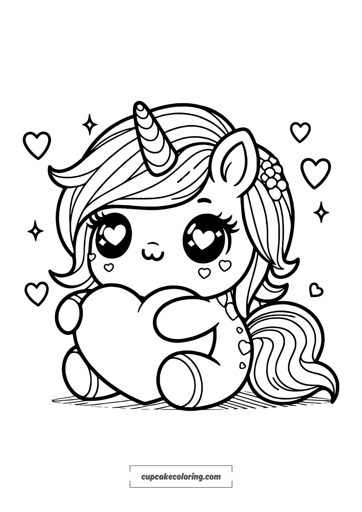 cute unicorn hugging a heart coloring page Kawaii Creature picture to color free