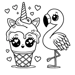 cute unicorn ice cream with lovable expression and flamingo