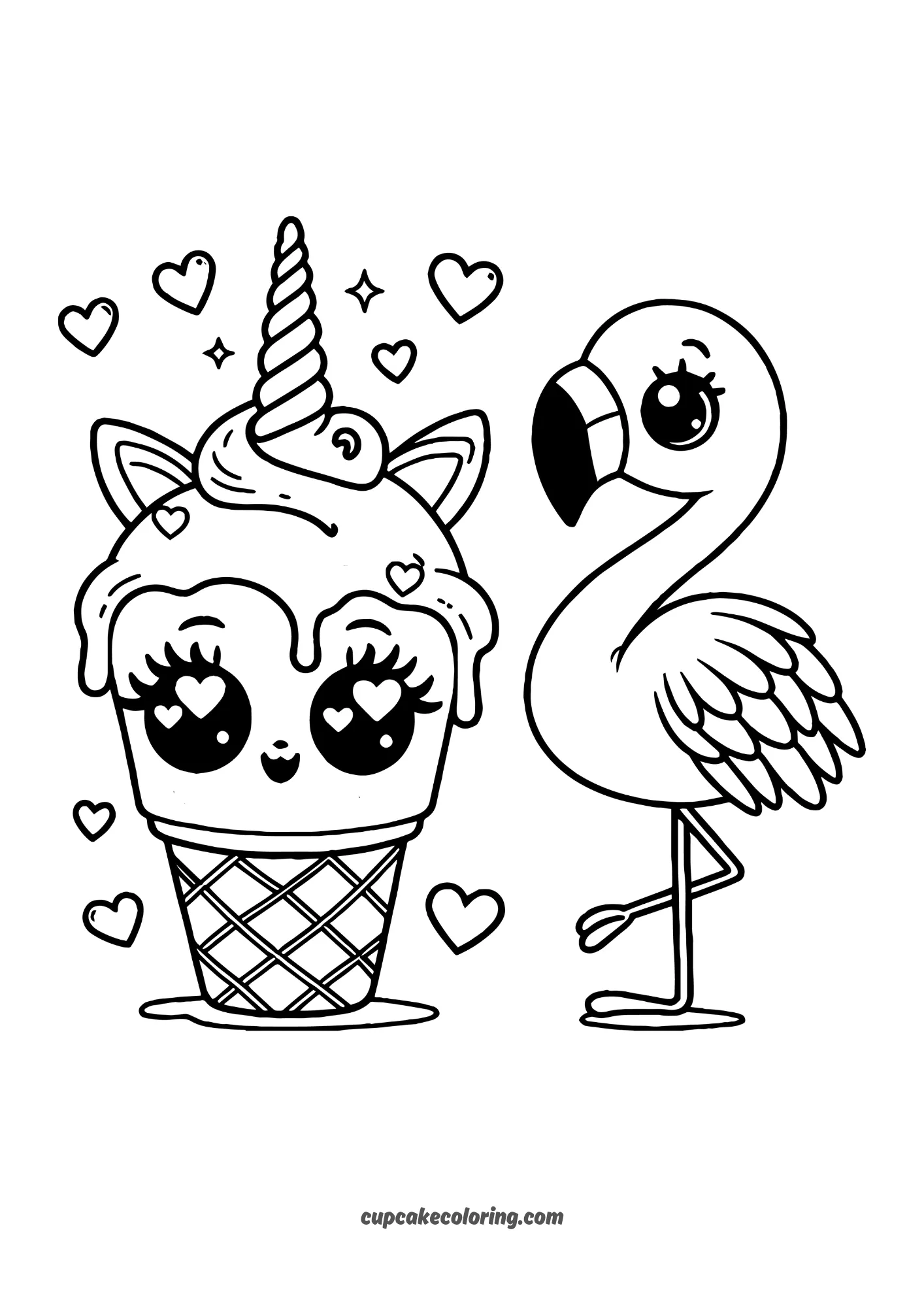 cute unicorn ice cream with lovable expression and flamingo