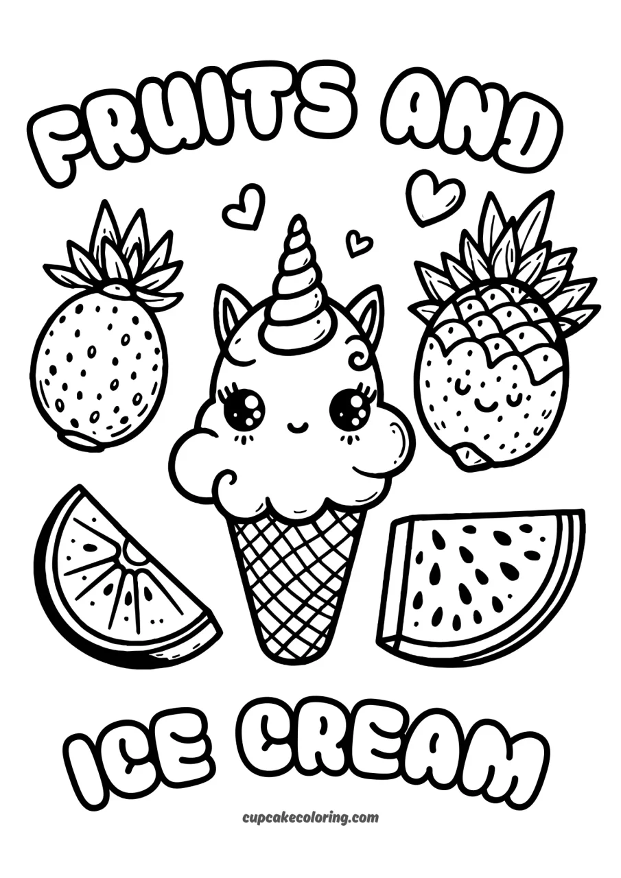 cute unicorn images coloring pages with fruits and ice cream