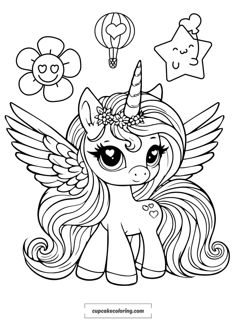 cute unicorn pegasus with wings and stars flowers free to print