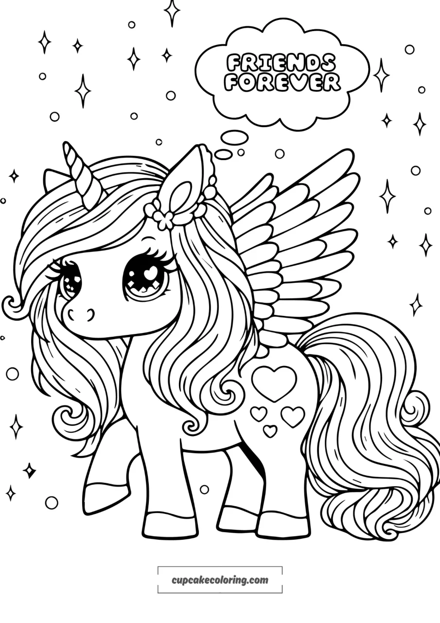 cute unicorn pegaus picture to color best friend forever inscription