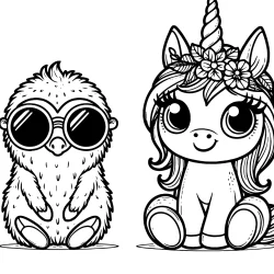 cute unicorn with an animal friend with sunglasses funny picture to color – free to print