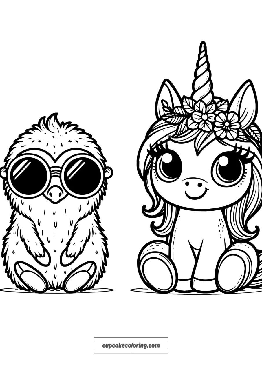 cute unicorn with an animal friend with sunglasses funny picture to color – free to print