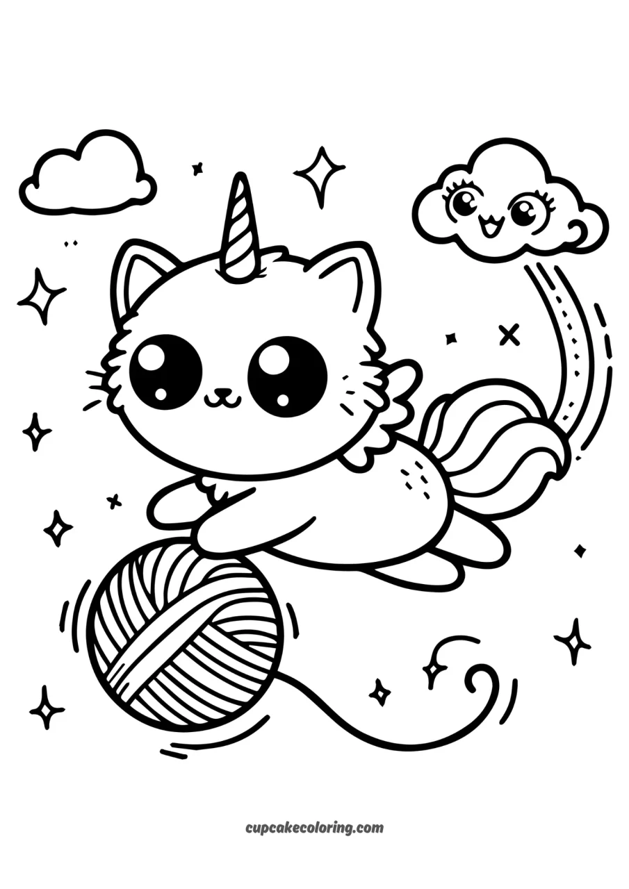 easy coloring page for kids age 3 of funny cat playing