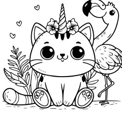 easy coloring page of funny big unicorn cat with a flamingo