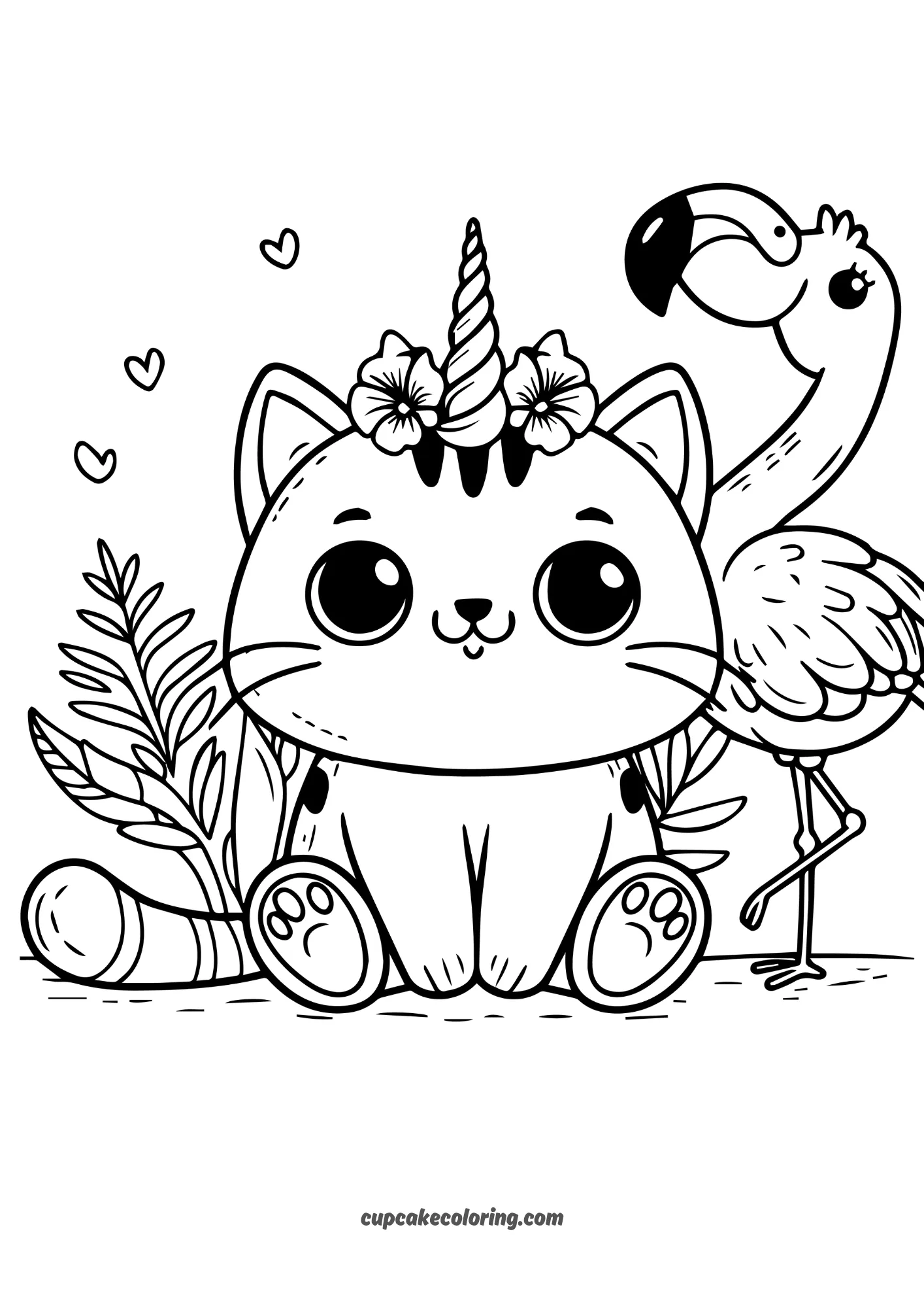 easy coloring page of funny big unicorn cat with a flamingo