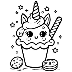 easy coloring page of ice cream with a horn in a small cup with cookies