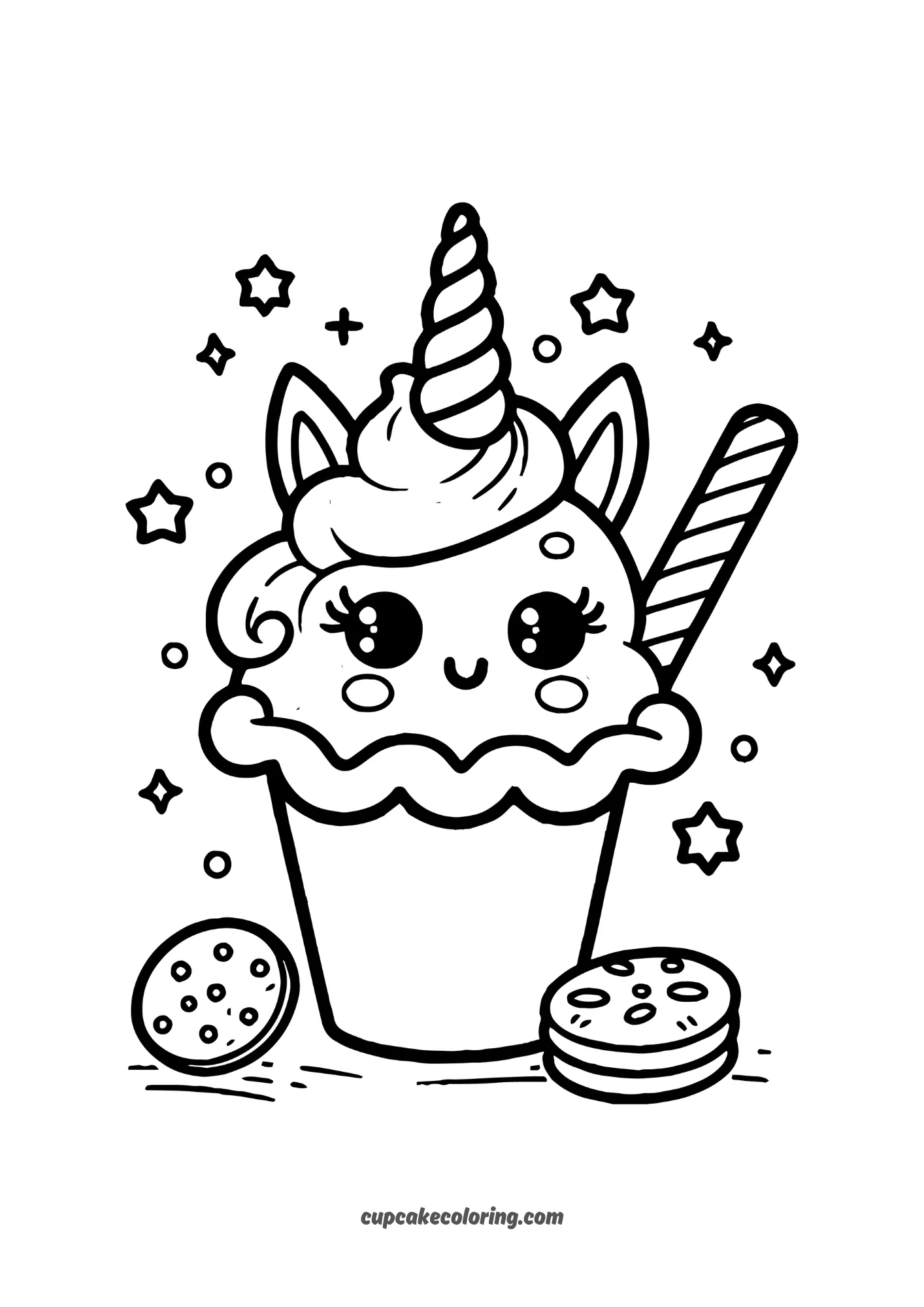 easy coloring page of ice cream with a horn in a small cup with cookies