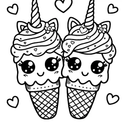 easy cute summer coloring page of 2 unicron ice cream happy near each other printable free