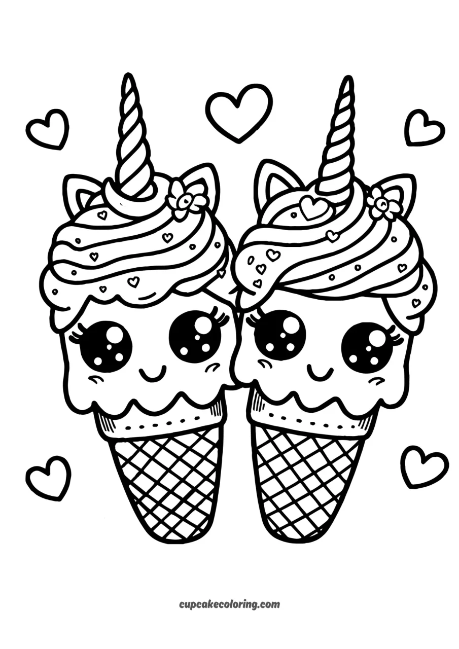 easy cute summer coloring page of 2 unicron ice cream happy near each other printable free