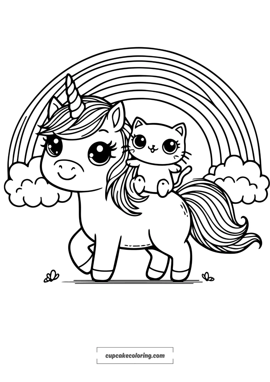 easy picture to color in of an unicorn and a cat riding him