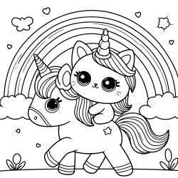 easy to color unicorn and a rainbow , a cute cat with an unicorn horn is his comagnion and is riding him like a knight free printable image