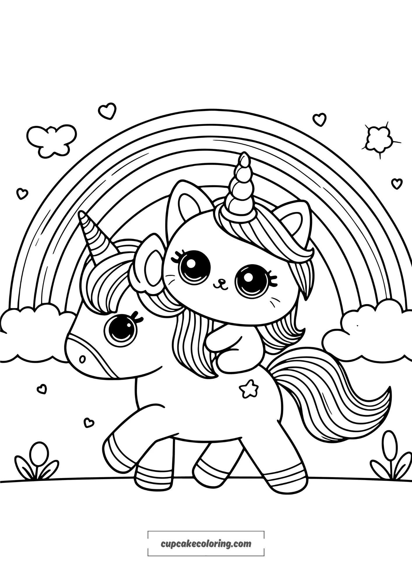 easy to color unicorn and a rainbow , a cute cat with an unicorn horn is his comagnion and is riding him like a knight free printable image