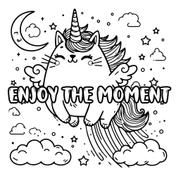 enjoy the moment – unicorn kawaii cat in the night pic to colour in