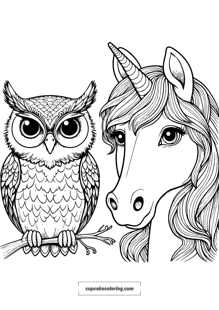 fascinanting unicorn with an owl coloring picture for adults free pdf