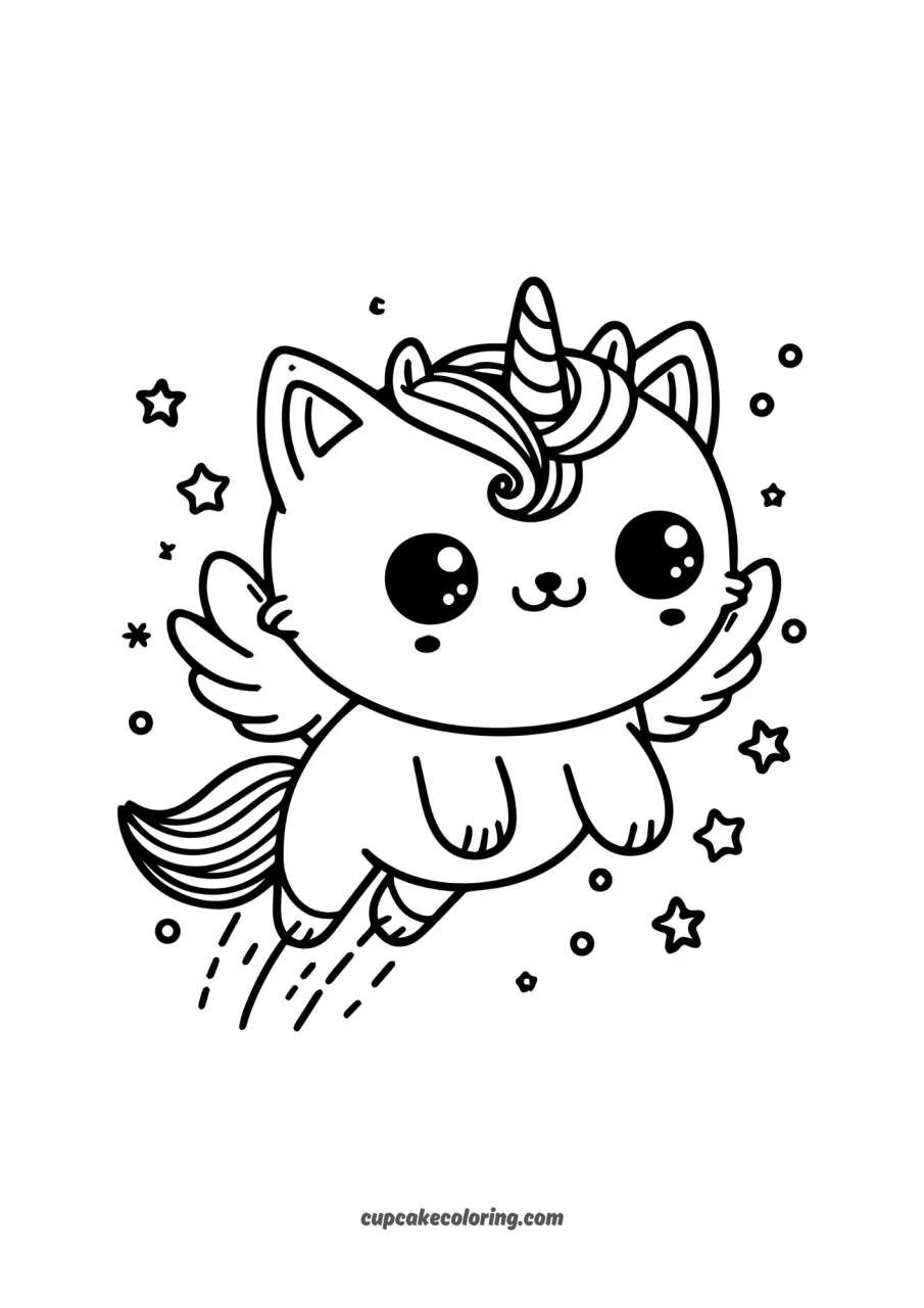 flyning unicorn cat with cute wings picture to color