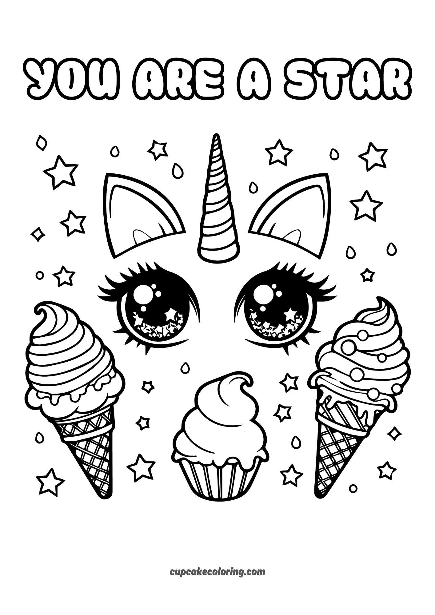 free pic to color with unicorn eyes and ice creams free to print