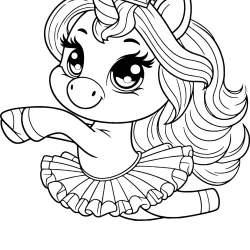 free picture to color featuring an unicorn dancing and smiling, wearing a classical dancing tutu and a crown on the head