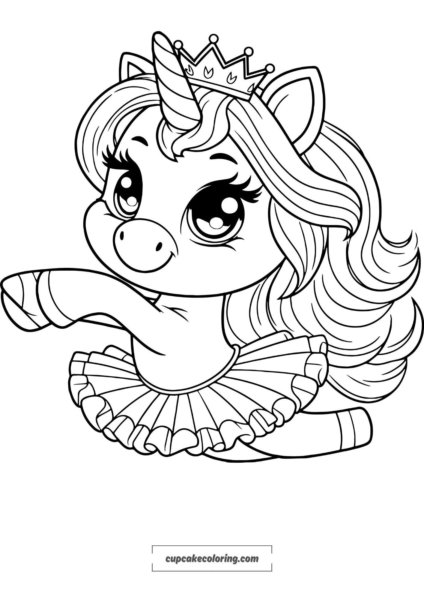 free picture to color featuring an unicorn dancing and smiling, wearing a classical dancing tutu and a crown on the head