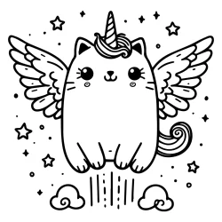 funny coloring page of funny cat with an unicorn horn flying with angelic wings