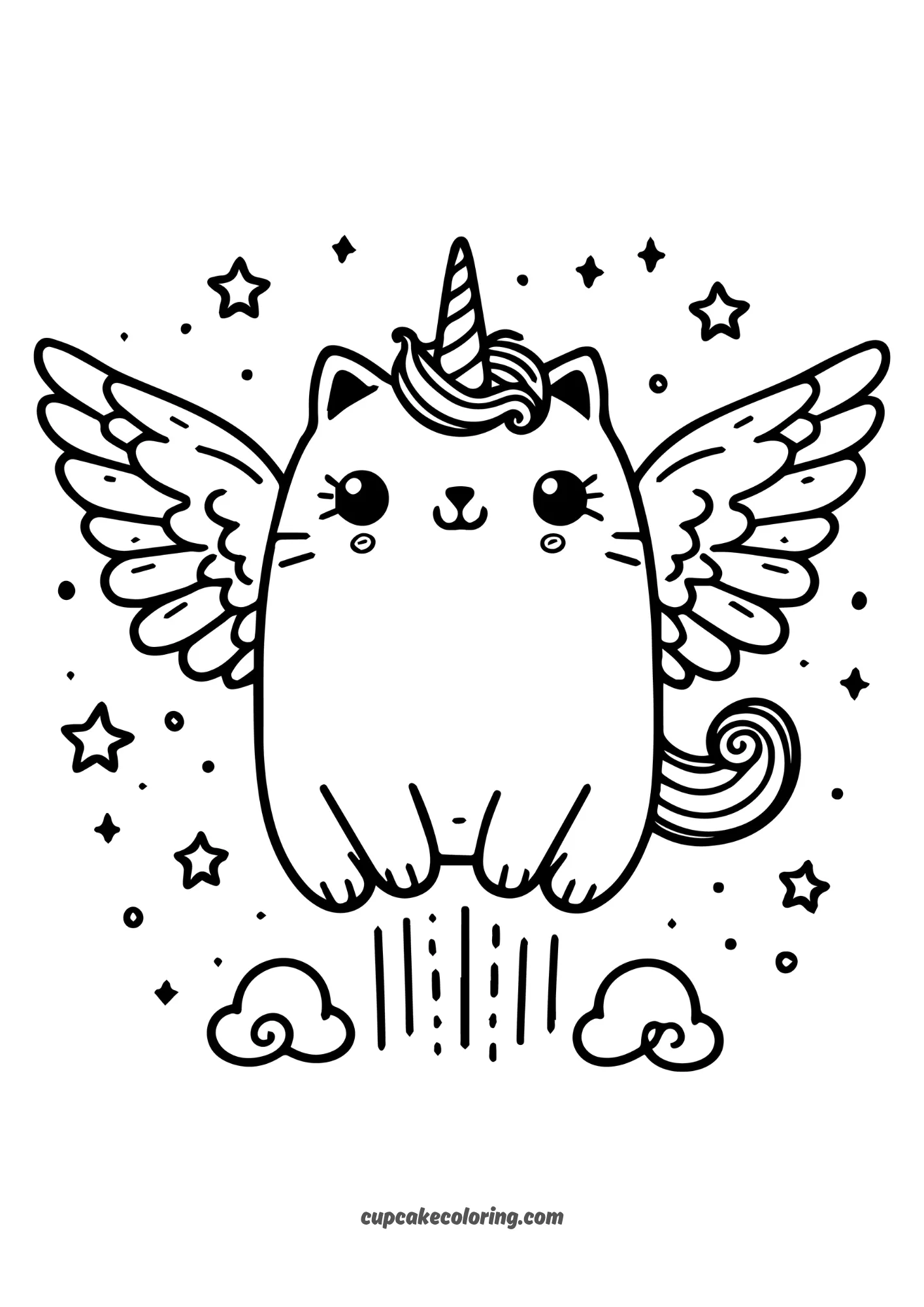 funny coloring page of funny cat with an unicorn horn flying with angelic wings